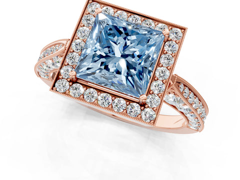 Rose gold Fancy Blue Princess Cut Halo Diamond Engagement Ring with Split Shank Band and Four-Prong Setting_1