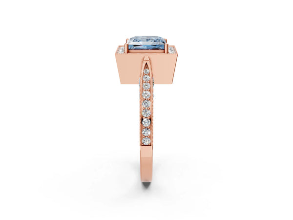 Rose Gold Princess Cut Milgrain Halo Engagement Ring Setting for Fancy Blue Center with Pave