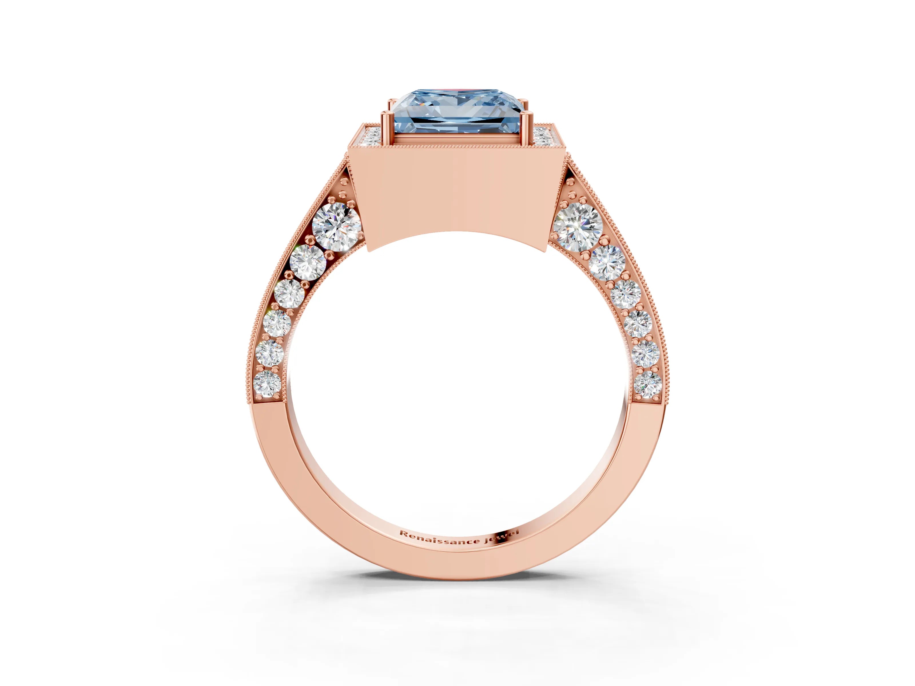 Rose gold Fancy Blue Princess Cut Halo Diamond Engagement Ring with Split Shank Band and Four-Prong Setting_3
