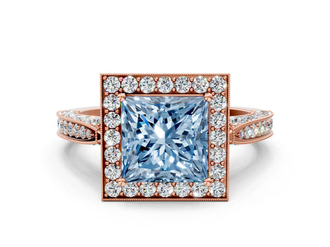 Rose gold Fancy Blue Princess Cut Halo Diamond Engagement Ring with Split Shank Band and Four-Prong Setting
