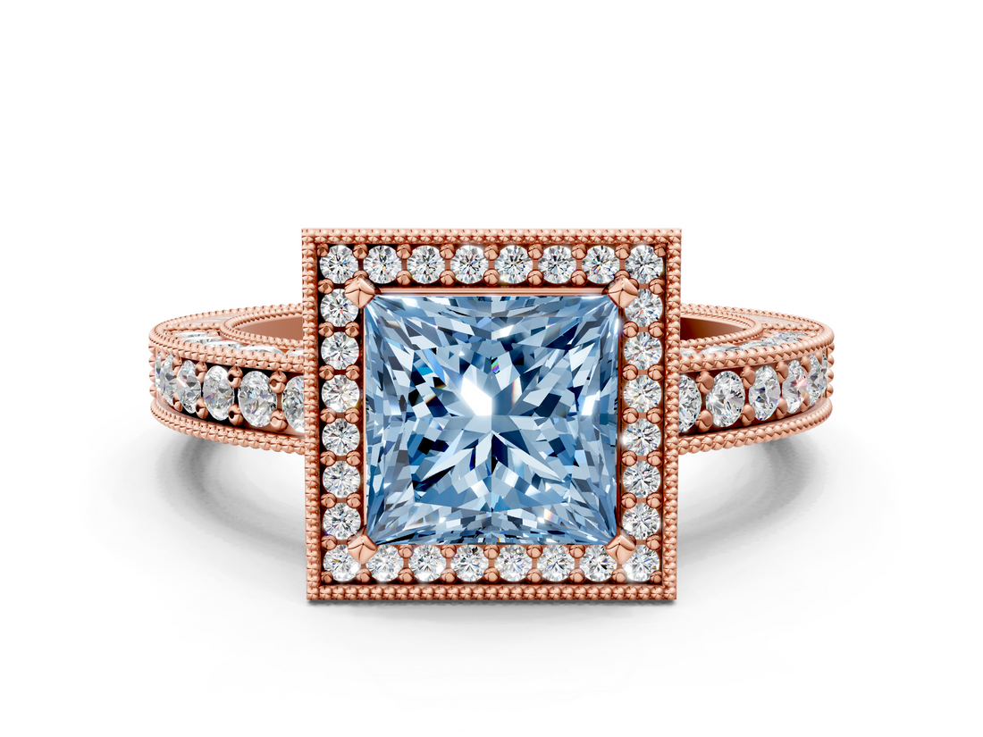 Rose gold Fancy Blue Princess  Cut Halo Diamond Pave Band Ring with Four-Prong Setting_45