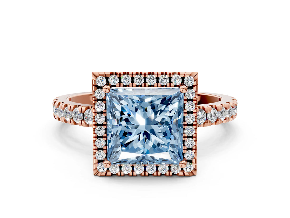 Rose gold Fancy Blue Princess Cut Halo Diamond Pave Band with Prong Setting