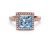 Rose gold Fancy Blue Princess Cut Halo Diamond Pave Band with Prong Setting
