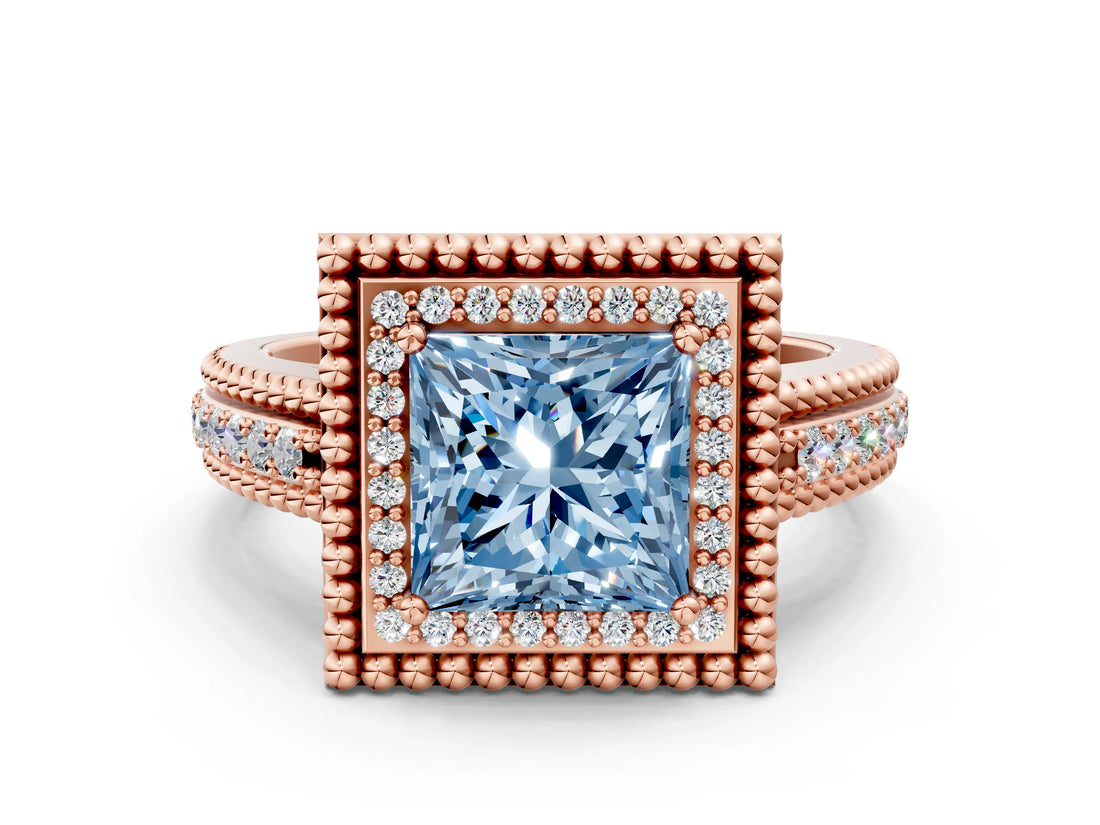 Rose gold Fancy Blue Princess Cut Halo Diamond Ring with Beaded Split Shank and Four-Prong Setting