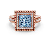 Rose gold Fancy Blue Princess Cut Halo Diamond Ring with Beaded Split Shank and Four-Prong Setting