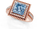 Rose gold Fancy Blue Princess Cut Halo Diamond Ring with Beaded Split Shank and Four-Prong Setting_1