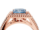Rose gold Fancy Blue Princess Cut Halo Diamond Ring with Beaded Split Shank and Four-Prong Setting_4