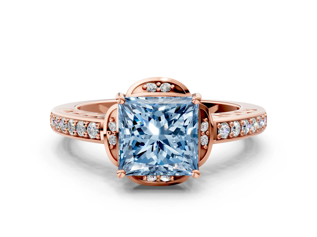 Rose gold Fancy Blue Princess  Cut Halo Diamond Ring with Channel Set Band and Four-Prong Setting_32