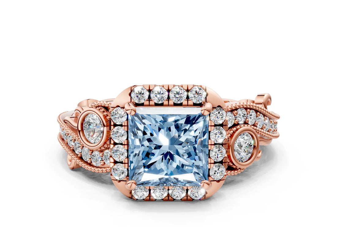 Rose gold Fancy Blue Princess Cut Halo Diamond Ring with Milgrain and Bezel Accents on a Split Shank Band_12