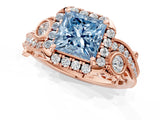 Rose gold Fancy Blue Princess Cut Halo Diamond Ring with Milgrain and Bezel Accents on a Split Shank Band_13