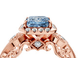 Rose gold Fancy Blue Princess Cut Halo Diamond Ring with Milgrain and Bezel Accents on a Split Shank Band_16