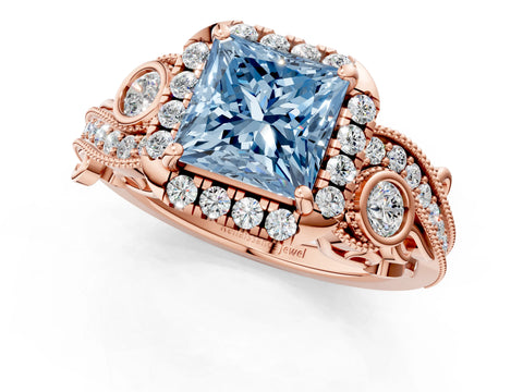Rose gold Fancy Blue Princess Cut Halo Diamond Ring with Milgrain and Bezel Accents on a Split Shank Band_1