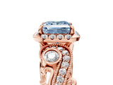 Rose gold Fancy Blue Princess Cut Halo Diamond Ring with Milgrain and Bezel Accents on a Split Shank Band_29