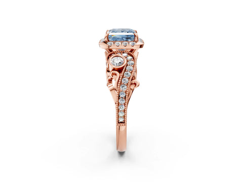 Rose gold Fancy Blue Princess Cut Halo Diamond Ring with Milgrain and Bezel Accents on a Split Shank Band_2