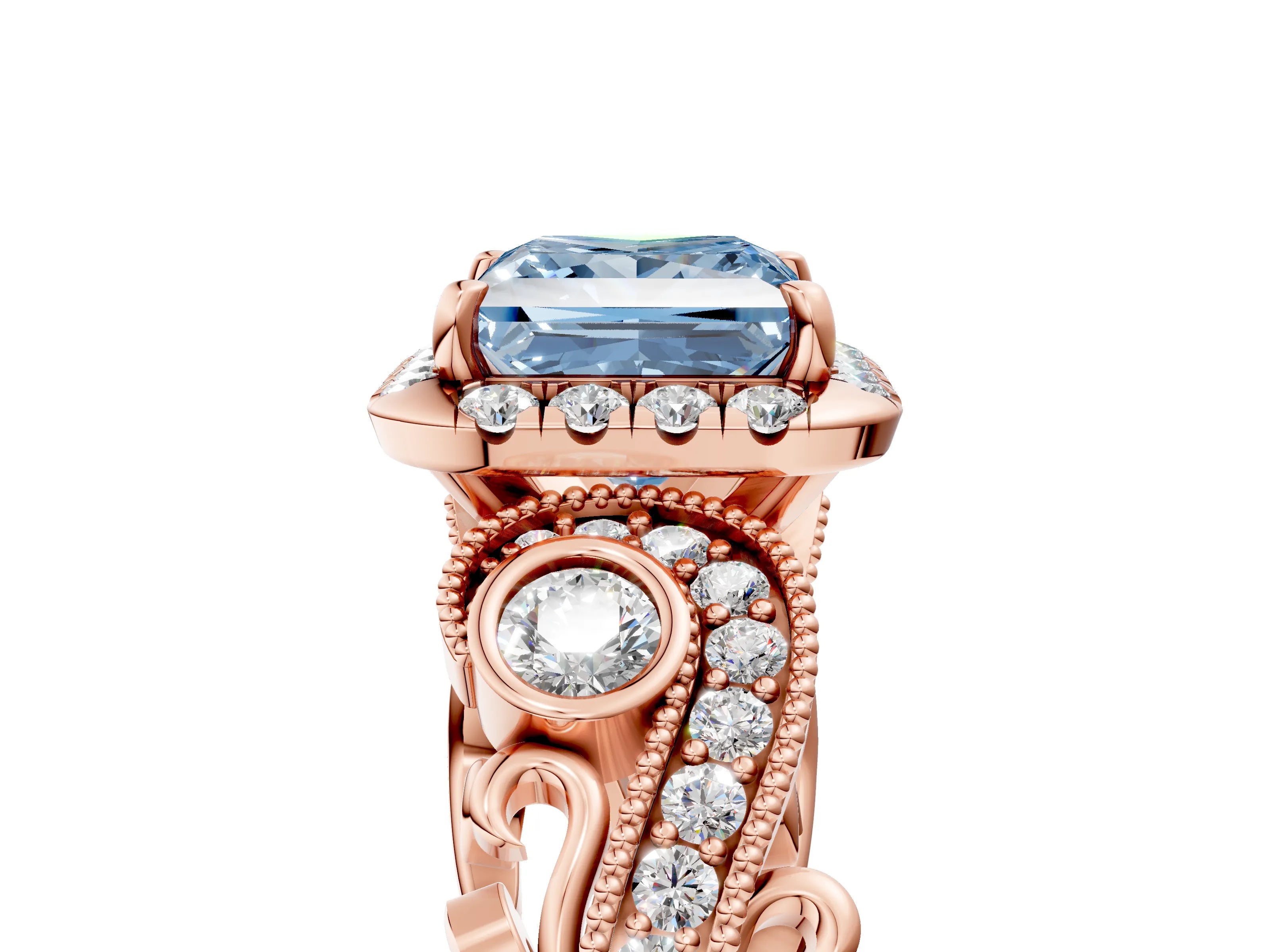 Rose gold Fancy Blue Princess Cut Halo Diamond Ring with Milgrain and Bezel Accents on a Split Shank Band_5