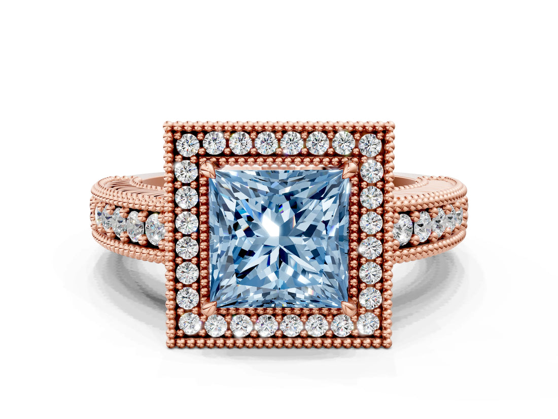 Rose gold Fancy Blue Princess  Cut Halo Diamond Ring with Pavé Band and Four-Prong Setting_52