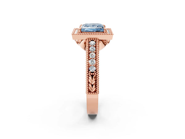 Rose gold Fancy Blue Princess  Cut Halo Diamond Ring with Pavé Band and Four-Prong Setting