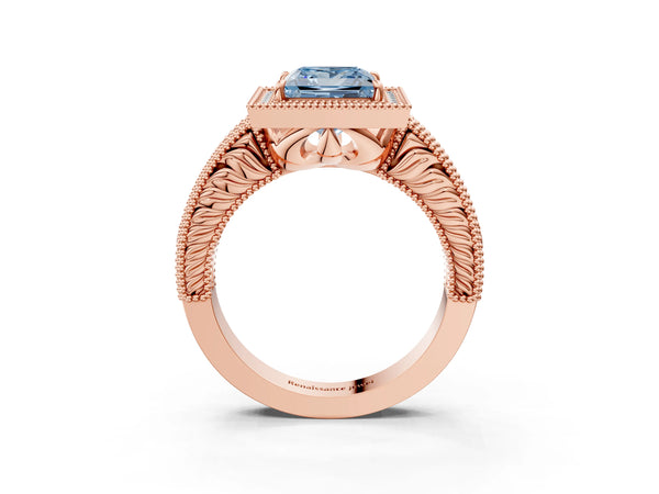 Rose gold Fancy Blue Princess  Cut Halo Diamond Ring with Pavé Band and Four-Prong Setting