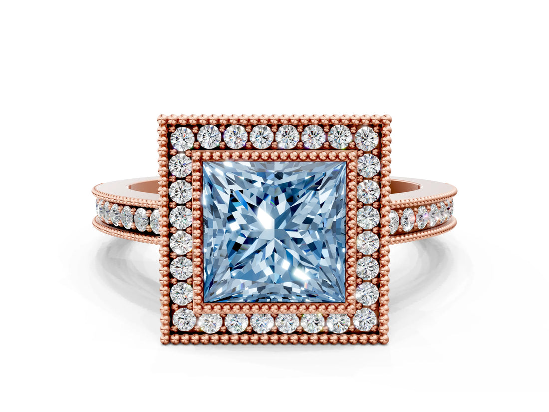 Rose gold Fancy Blue Princess  Cut Halo Diamond Ring with Pavé Band and Milgrain Prong Setting_32