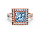 Rose gold Fancy Blue Princess  Cut Halo Diamond Ring with Pavé Band and Milgrain Prong Setting_32