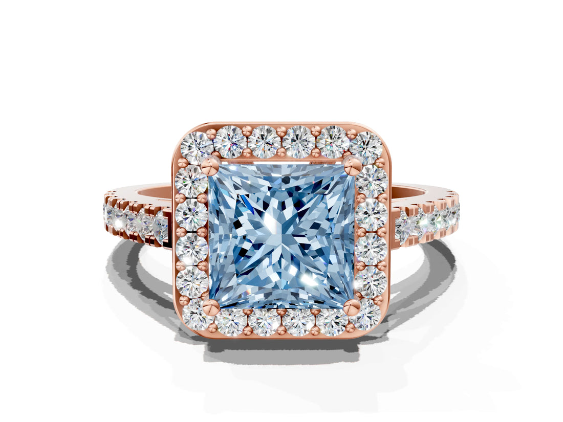 Rose gold Fancy Blue Princess Cut Halo Diamond Ring with Pavé Band and Three-Prong Setting