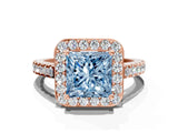 Rose gold Fancy Blue Princess Cut Halo Diamond Ring with Pavé Band and Three-Prong Setting
