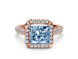 Rose gold Fancy Blue Princess Cut Halo Diamond Ring with Pavé Band