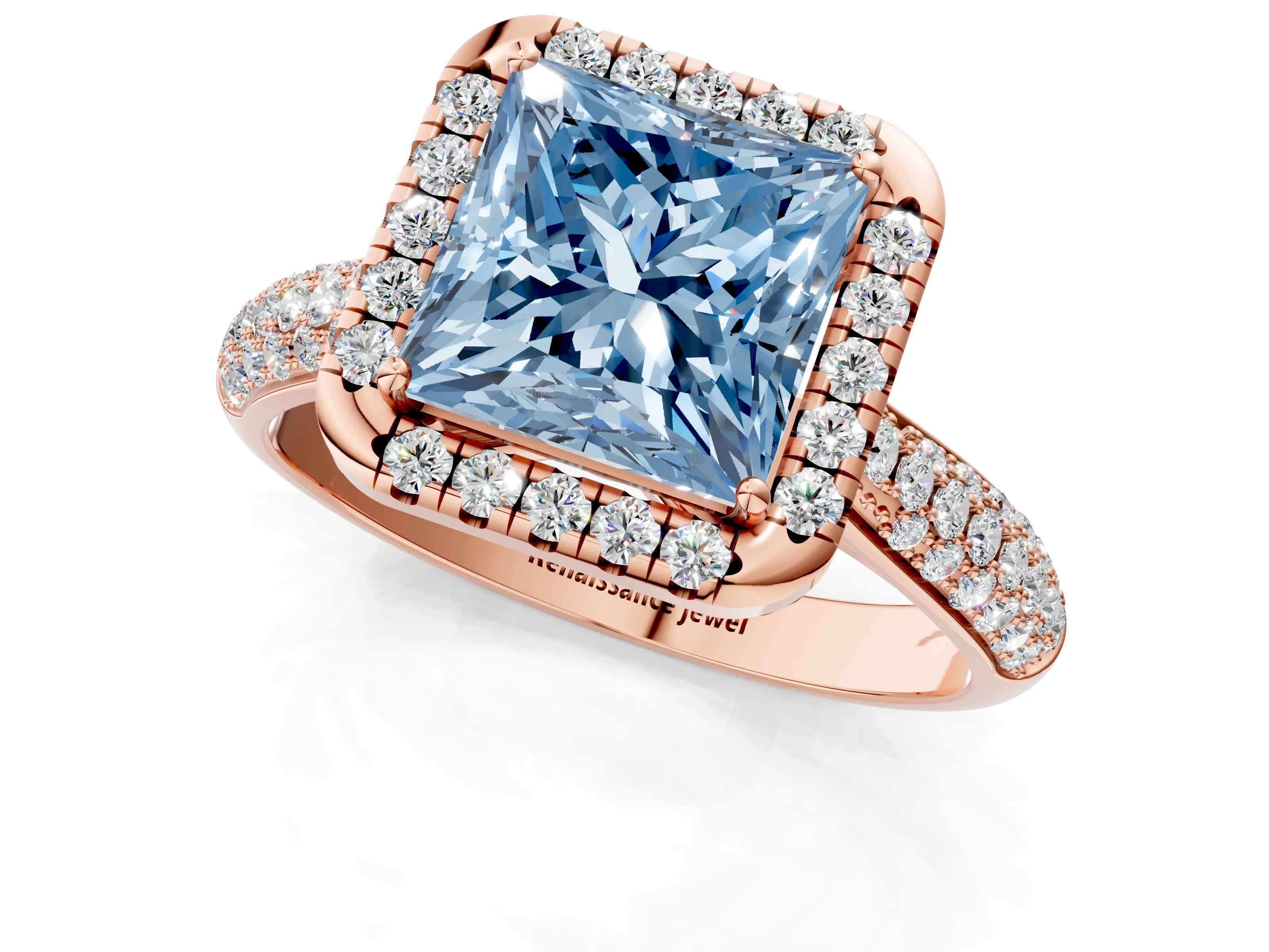 Rose gold Fancy Blue Princess Cut Halo Diamond Ring with Pavé Band_1