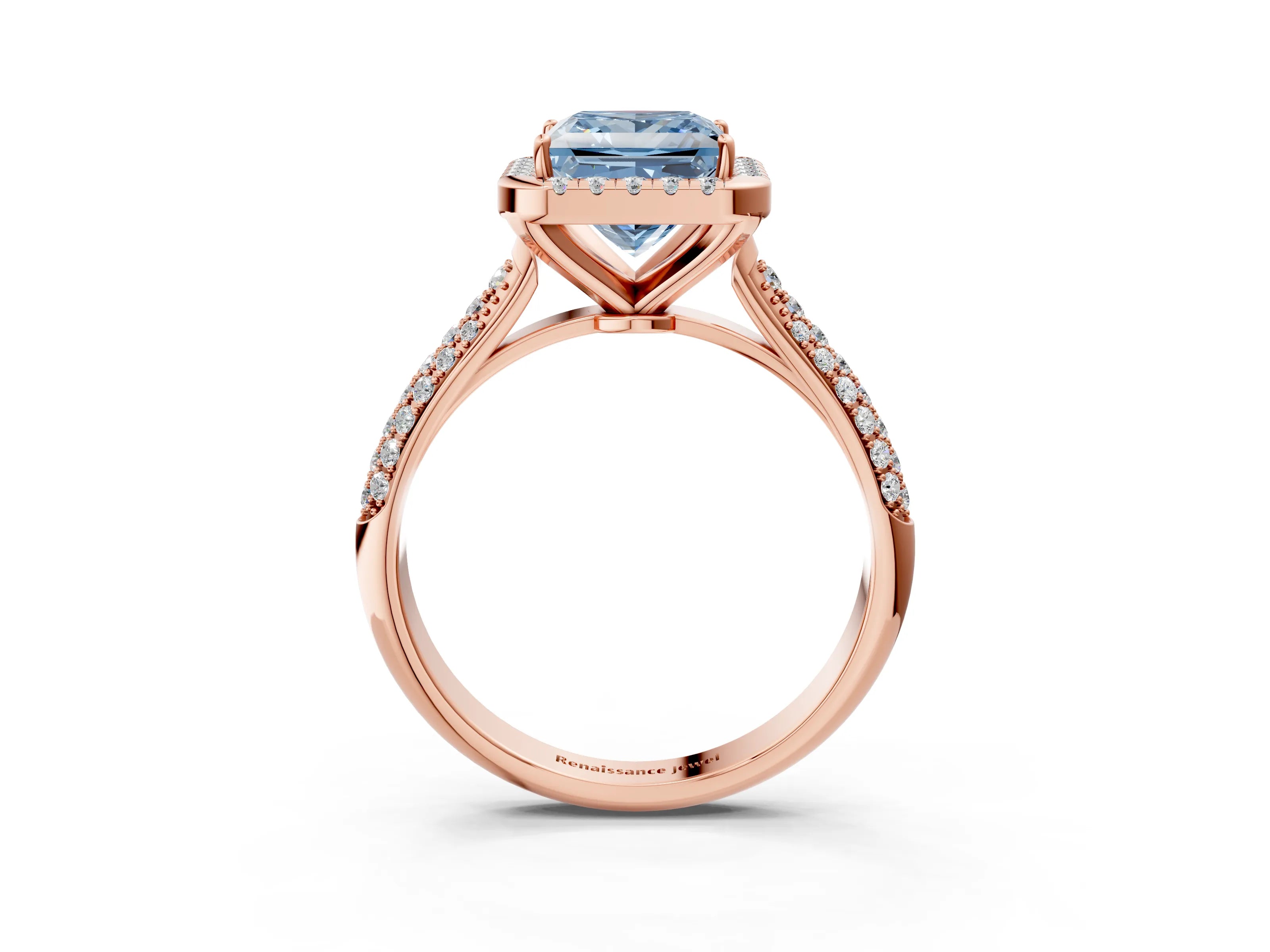 Rose gold Fancy Blue Princess Cut Halo Diamond Ring with Pavé Band_3