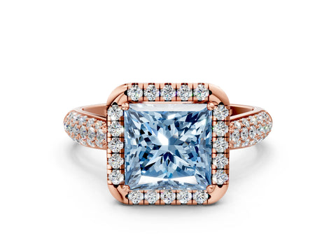 Rose gold Fancy Blue Princess Cut Halo Diamond Ring with Pavé Band