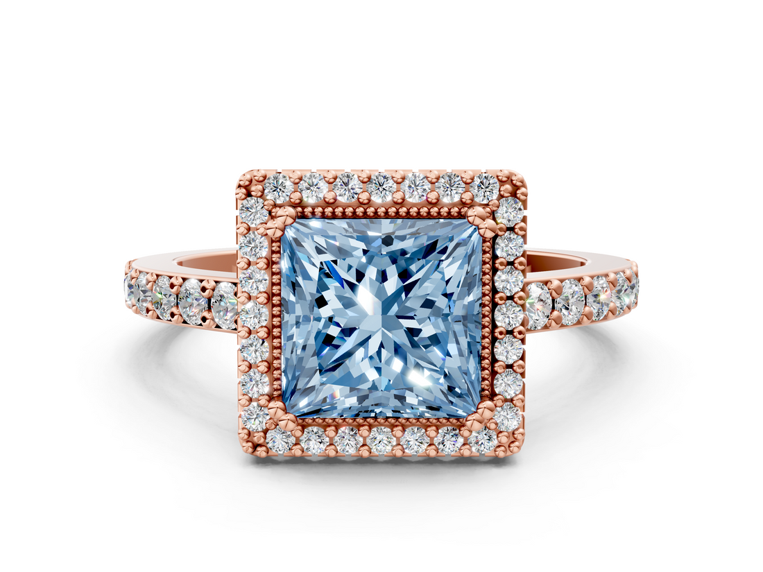 Rose gold Fancy Blue Princess  Cut Halo Diamond Ring with Pave Band and Four-Prong Setting_24