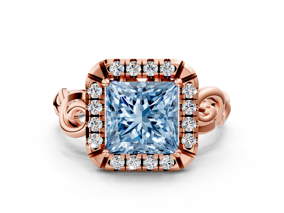 Rose gold Fancy Blue Princess  Cut Halo Diamond Ring with Scrollwork Band and Four-Prong Setting_46