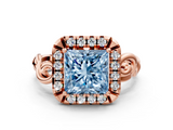 Rose gold Fancy Blue Princess  Cut Halo Diamond Ring with Scrollwork Band and Four-Prong Setting_46