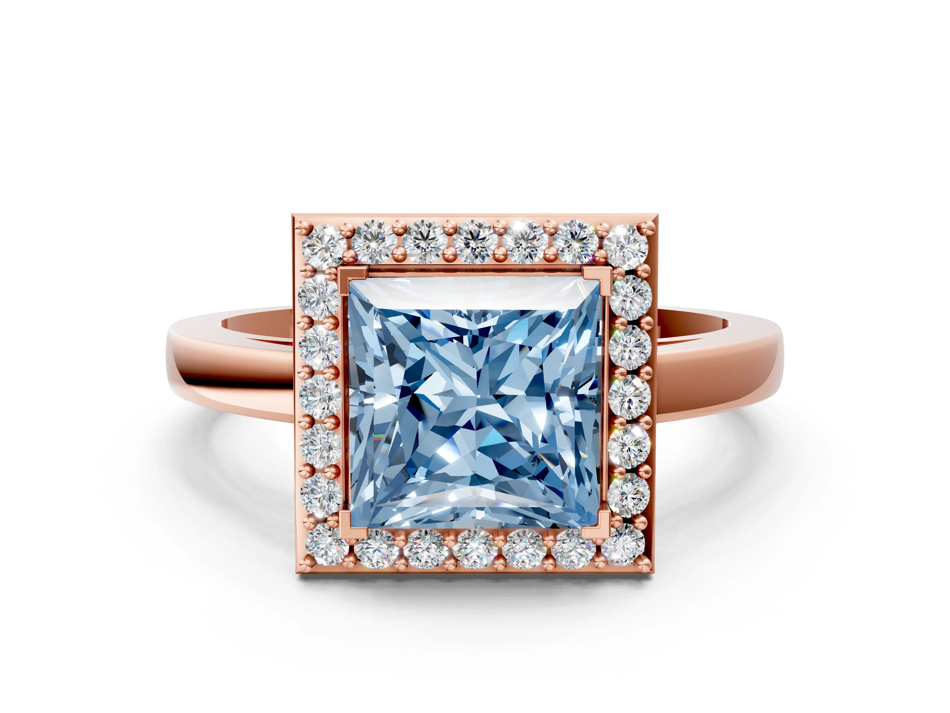 Rose gold Fancy Blue Princess Cut Halo Diamond Ring with Solitaire Band and Prong Setting