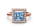 Rose gold Fancy Blue Princess Cut Halo Diamond Ring with Solitaire Band and Prong Setting