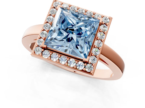 Rose gold Fancy Blue Princess Cut Halo Diamond Ring with Solitaire Band and Prong Setting_1