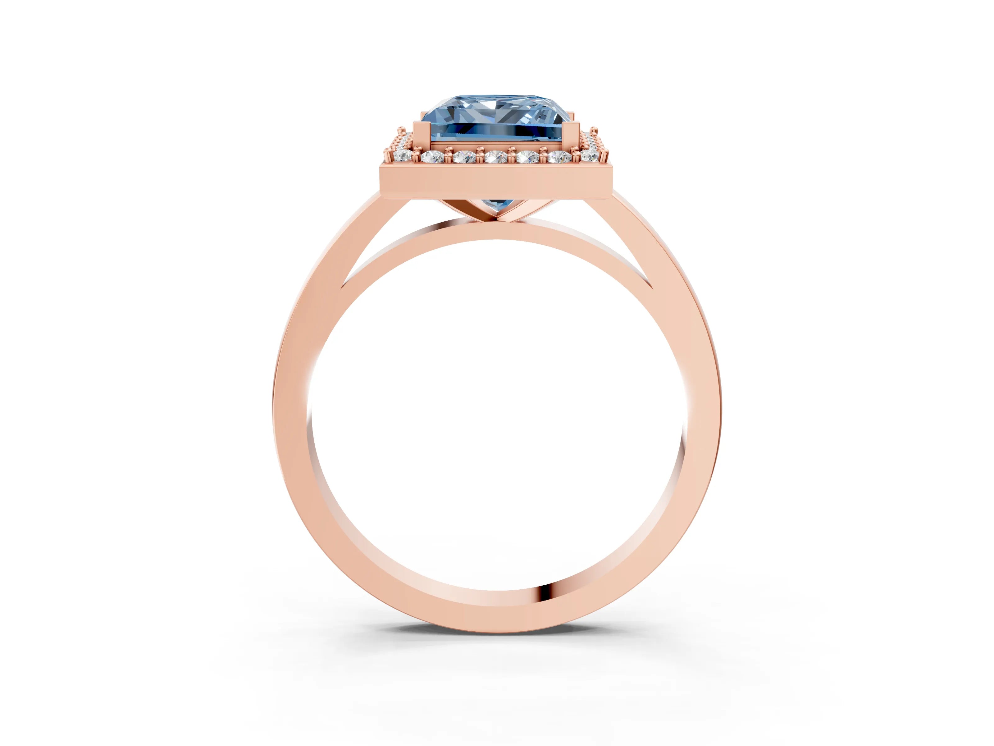 Rose gold Fancy Blue Princess Cut Halo Diamond Ring with Solitaire Band and Prong Setting_3