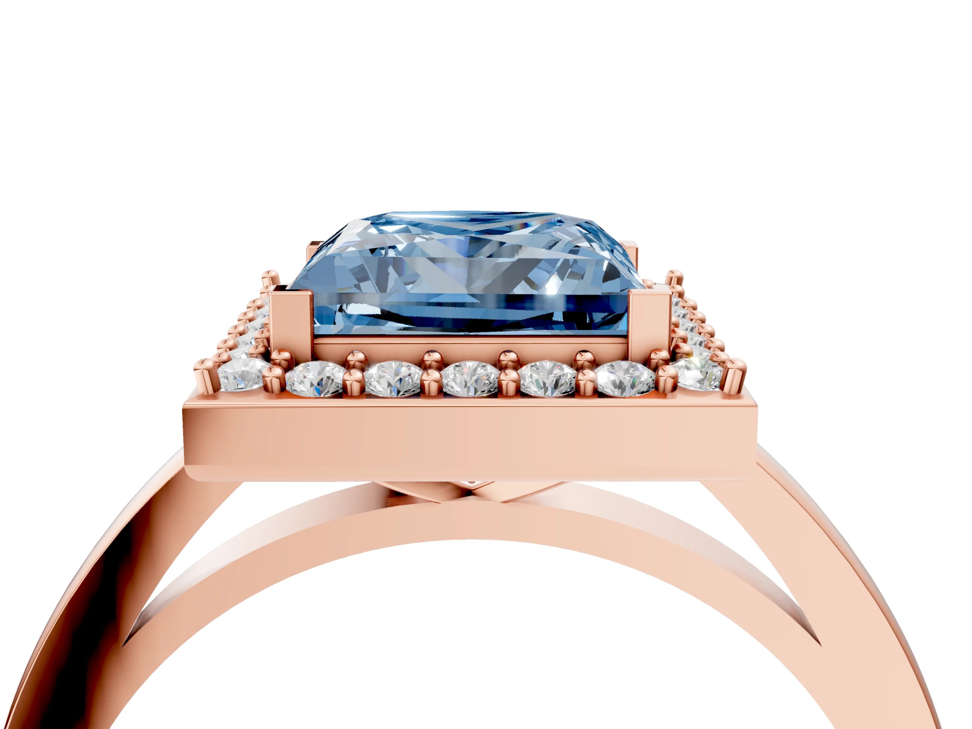 Rose gold Fancy Blue Princess Cut Halo Diamond Ring with Solitaire Band and Prong Setting_4