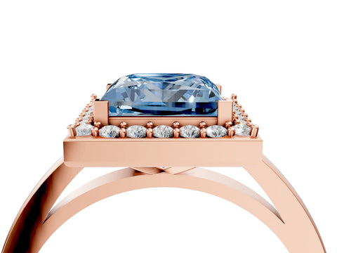 Rose gold Fancy Blue Princess Cut Halo Diamond Ring with Solitaire Band and Prong Setting_4
