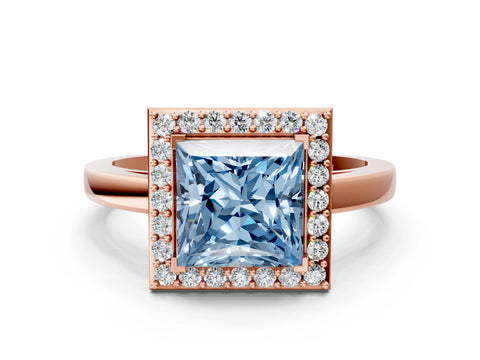 Rose gold Fancy Blue Princess Cut Halo Diamond Ring with Solitaire Band and Prong Setting
