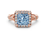 Rose gold Fancy Blue Princess Cut Halo Diamond Solitaire with Filigree Band and Four-Prong Setting_12
