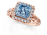 Rose gold Fancy Blue Princess Cut Halo Diamond Solitaire with Filigree Band and Four-Prong Setting_13