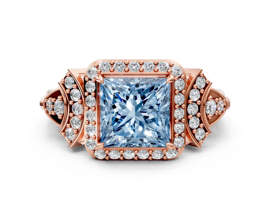 Rose gold Fancy Blue Princess Cut Halo Diamond Split Shank Engagement Ring with Four-Prong Setting
