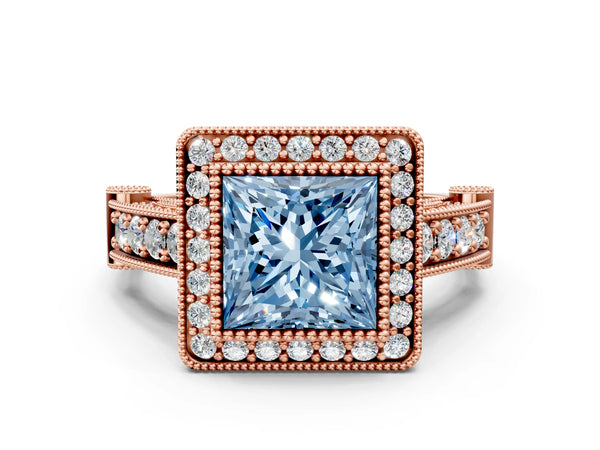 Rose Gold Princess Cut Vintage Bezel Halo Engagement Ring Setting for Fancy Blue Center