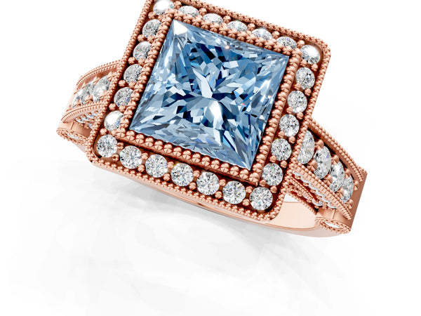 Rose Gold Princess Cut Vintage Bezel Halo Engagement Ring Setting for Fancy Blue Center