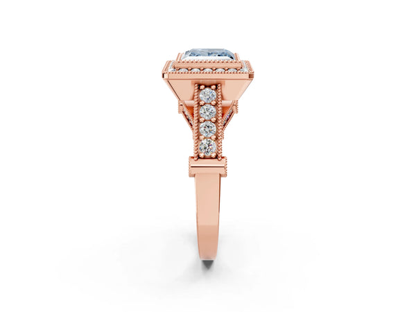 Rose Gold Princess Cut Vintage Bezel Halo Engagement Ring Setting for Fancy Blue Center