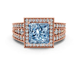 Rose gold Fancy Blue Princess Cut Halo Diamond Split Shank Ring with Prong Setting