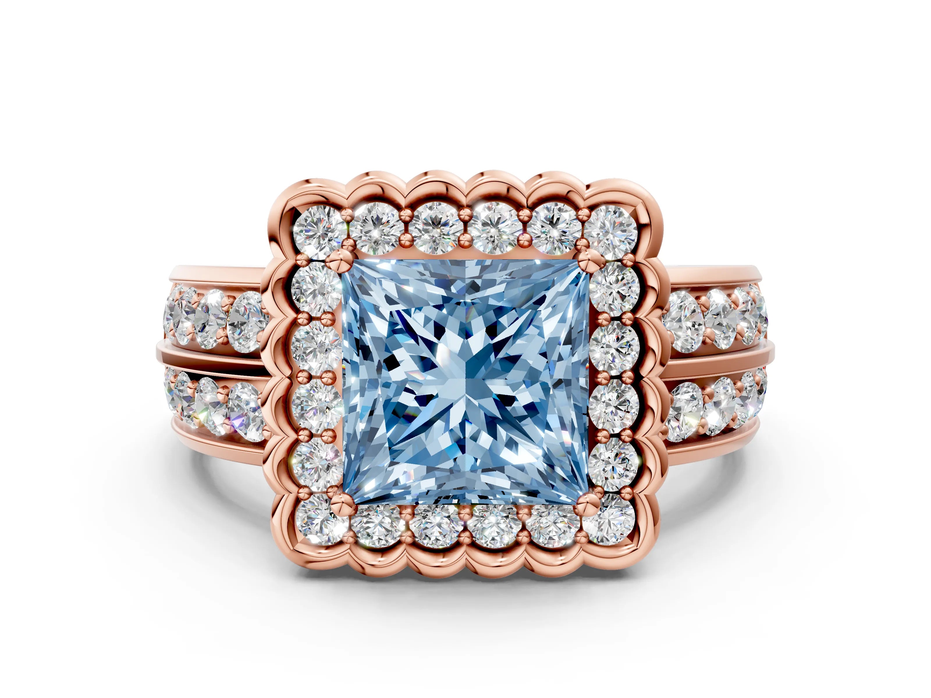 Rose gold Fancy Blue Princess Cut Halo Diamond Split Shank Ring with Scalloped Prong Setting