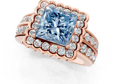Rose gold Fancy Blue Princess Cut Halo Diamond Split Shank Ring with Scalloped Prong Setting_1