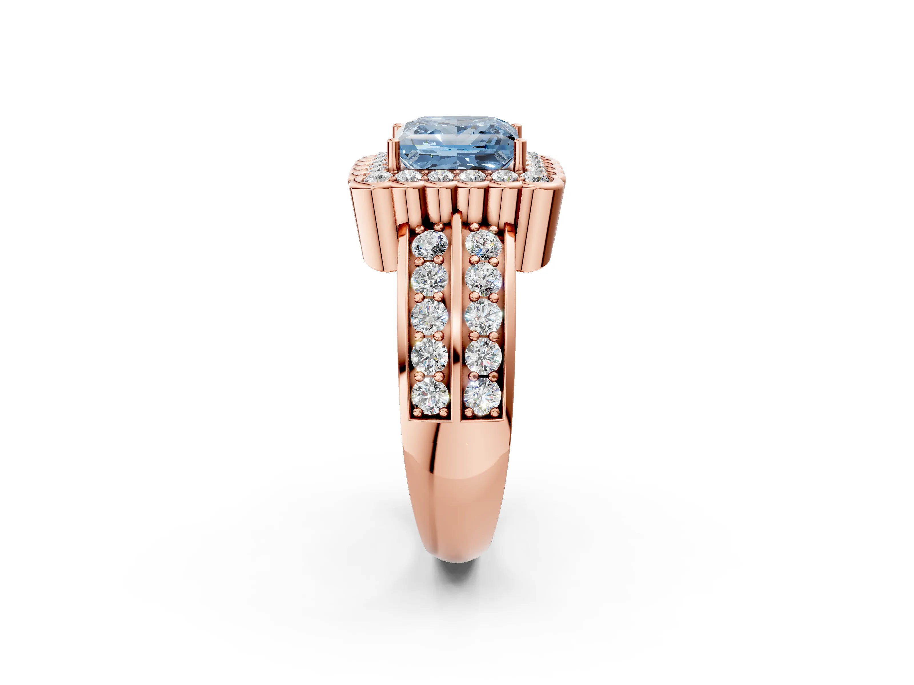 Rose gold Fancy Blue Princess Cut Halo Diamond Split Shank Ring with Scalloped Prong Setting_2